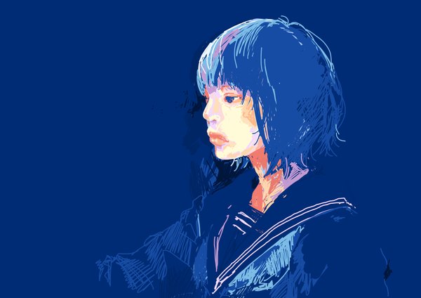 Anime picture 1754x1240 with original single highres short hair blue eyes simple background blue hair profile lips blue background girl serafuku