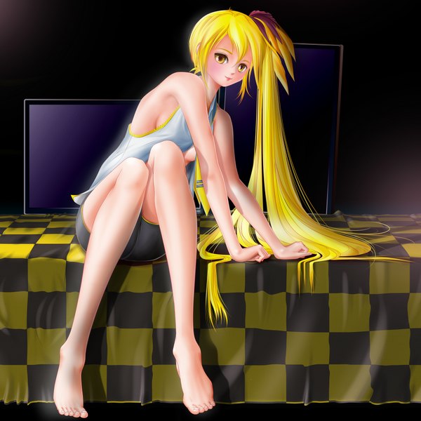 Anime picture 1920x1920 with vocaloid akita neru miharin (artist) long hair highres light erotic blonde hair sitting yellow eyes ponytail checkered girl shorts