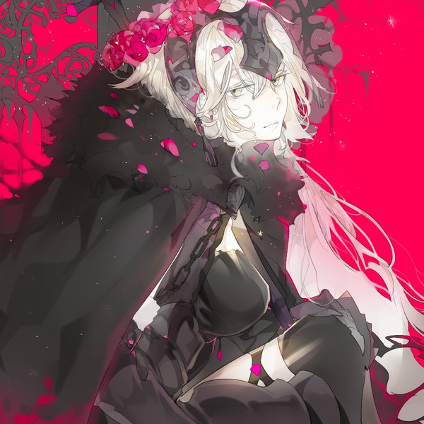 Anime picture 1024x1024 with fate (series) fate/grand order jeanne d'arc (fate) (all) jeanne d'arc alter (fate) emera single long hair looking at viewer fringe hair between eyes sitting silver hair fur trim pink background silver eyes hand on knee girl flower (flowers) petals fur