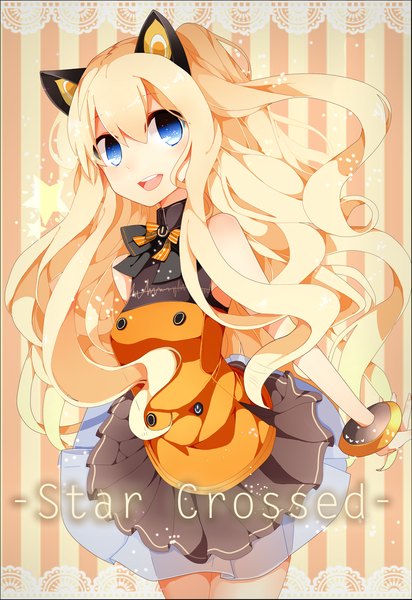 Anime picture 2031x2952 with vocaloid seeu kimey single long hair tall image looking at viewer blush fringe highres open mouth blue eyes blonde hair bare shoulders animal ears cat ears inscription text wavy hair striped