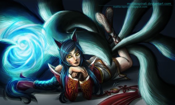 Anime picture 1800x1080 with league of legends ahri (league of legends) single long hair highres wide image animal ears yellow eyes animal tail fox ears magic facial mark multiple tails whisker markings girl dress