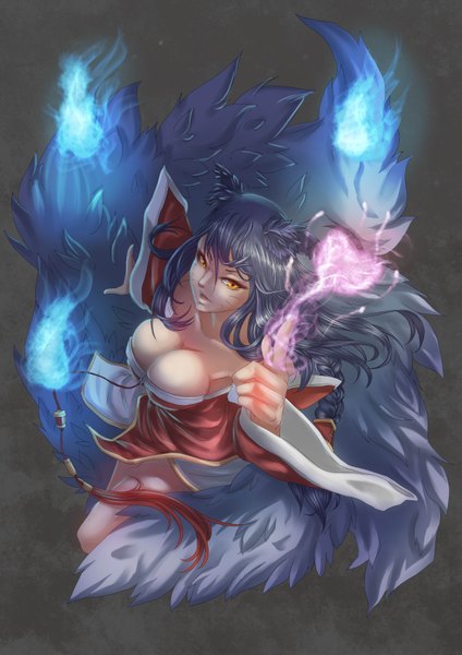 Anime picture 2480x3507 with league of legends ahri (league of legends) angelworth (artist) single long hair tall image looking at viewer highres breasts light erotic black hair large breasts bare shoulders animal ears tail animal tail from above orange eyes fox ears magic
