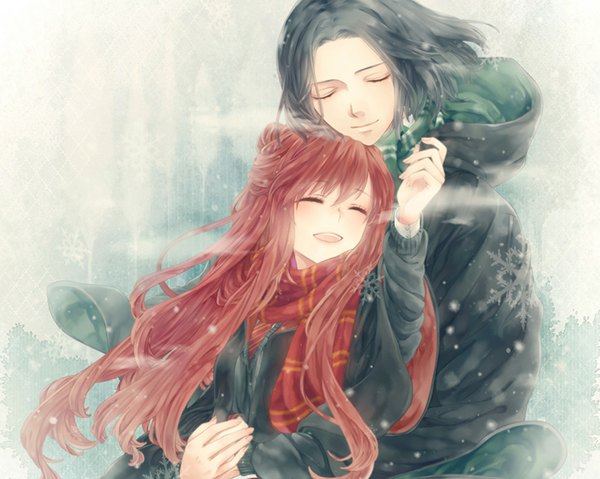 Anime picture 1024x819 with harry potter severus snape lily evans tagme (artist) long hair short hair open mouth black hair smile red hair eyes closed couple holding hands winter girl boy jacket scarf hood cloak