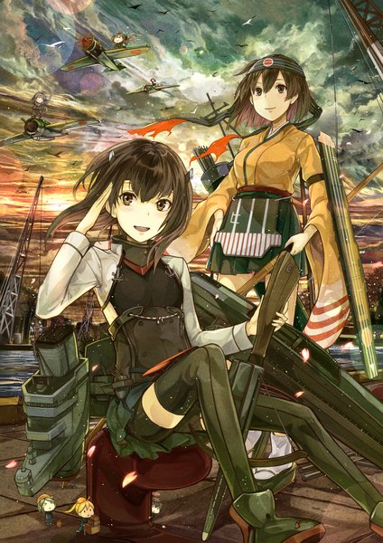 Anime picture 1500x2121 with kantai collection taihou armored aircraft carrier hiryuu aircraft carrier fairy (kantai collection) kazabana fuuka tall image blush fringe short hair breasts open mouth smile brown hair standing sitting holding brown eyes looking away sky traditional clothes