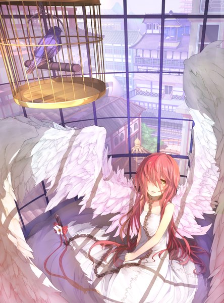 Anime picture 1446x1950 with original hitoshi single long hair tall image looking at viewer open mouth sitting yellow eyes pink hair sunlight shadow city cityscape angel wings dress flower (flowers) ribbon (ribbons) weapon animal