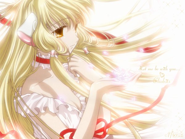 Anime picture 1600x1200 with chobits chii blonde hair animal ears ribbon (ribbons) petals collar