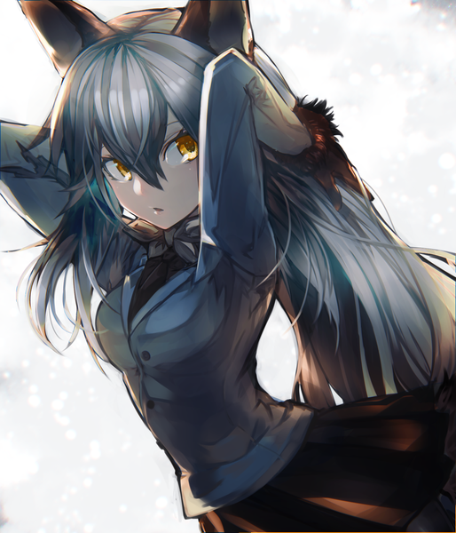 Anime picture 1488x1736 with kemono friends silver fox (kemono friends) kusakanmuri single long hair tall image blush fringe breasts hair between eyes animal ears yellow eyes looking away silver hair upper body pleated skirt arms up :o fur trim fox ears