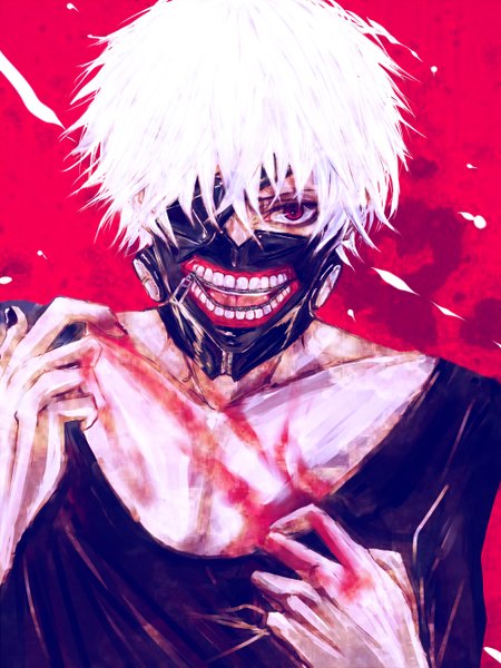 Anime picture 1000x1333 with tokyo ghoul studio pierrot kaneki ken ramiko single tall image looking at viewer fringe short hair open mouth red eyes white hair nail polish fingernails red background angry boy mask zipper kagune