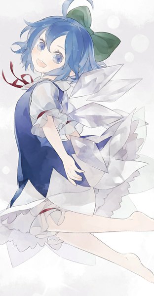 Anime picture 504x967 with touhou cirno shihou (g-o-s) single tall image blush short hair open mouth blue eyes blue hair looking away ahoge barefoot flying girl dress bow hair bow wings knickers