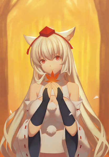 Anime picture 1234x1778 with touhou inubashiri momiji liuli (llc) single long hair tall image looking at viewer fringe red eyes bare shoulders animal ears white hair light smile alternate hairstyle wolf ears alternate hair length adapted costume girl plant (plants) detached sleeves