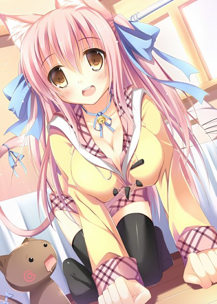 Anime picture 786x1100 with original nozomi tsubame single long hair tall image looking at viewer blush breasts open mouth large breasts animal ears yellow eyes pink hair cleavage indoors tail animal tail cat ears cat tail no shoes