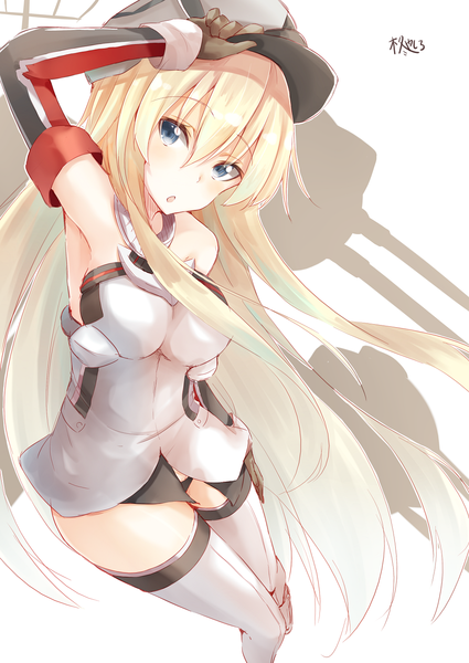 Anime picture 1000x1412 with kantai collection bismarck battleship hiiragi yashiro single long hair tall image looking at viewer blush breasts open mouth blue eyes light erotic simple background blonde hair standing white background bare shoulders holding shadow armpit (armpits)