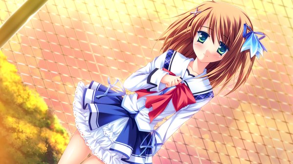 Anime picture 1024x576 with strawberry nauts hiwa touko matsushita makako single looking at viewer blush short hair brown hair wide image green eyes game cg sky cloud (clouds) hand on chest evening sunset girl skirt uniform hair ornament