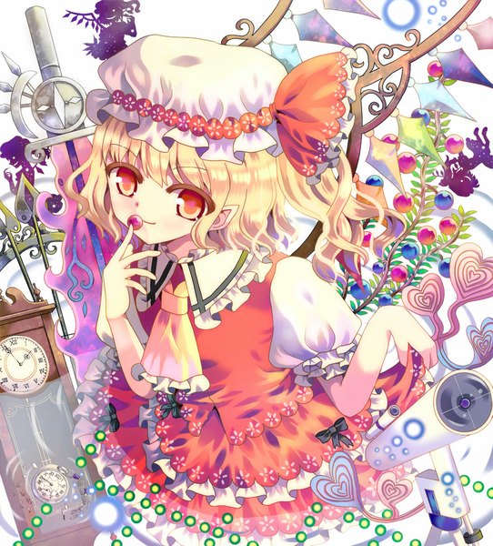 Anime picture 970x1075 with touhou flandre scarlet hazakura satsuki single tall image looking at viewer short hair blonde hair smile red eyes pointy ears puffy sleeves one side up silhouette girl weapon wings bonnet clock crystal