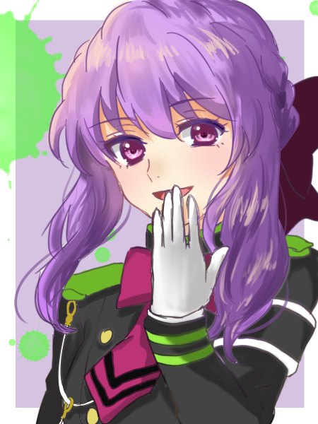 Anime picture 900x1200 with owari no seraph wit studio hiiragi shinoa alice rabbit922 single long hair tall image looking at viewer fringe white background purple eyes purple hair covering girl gloves uniform bow hair bow white gloves bowtie