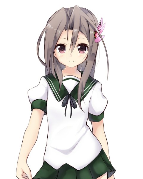 Anime picture 1024x1280 with kantai collection zuihou light aircraft carrier kisaragi destroyer amano kouki single long hair tall image looking at viewer blush simple background smile white background purple eyes grey hair cosplay kisaragi (kantai collection) (cosplay) girl skirt uniform hair ornament