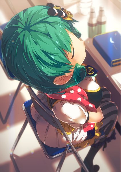 Anime picture 849x1200 with idolmaster idolmaster million live! tokugawa matsuri narumi arata single tall image blush short hair breasts sitting full body bent knee (knees) indoors eyes closed profile green hair from above short sleeves puffy sleeves underboob