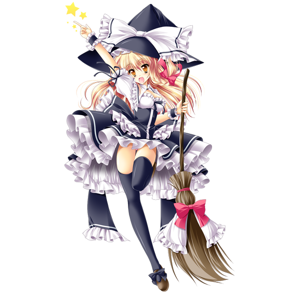 Anime picture 1447x1447 with touhou kirisame marisa kamiya tomoe single long hair blush open mouth blonde hair orange eyes puffy sleeves single braid happy transparent background witch girl thighhighs dress bow black thighhighs hair bow