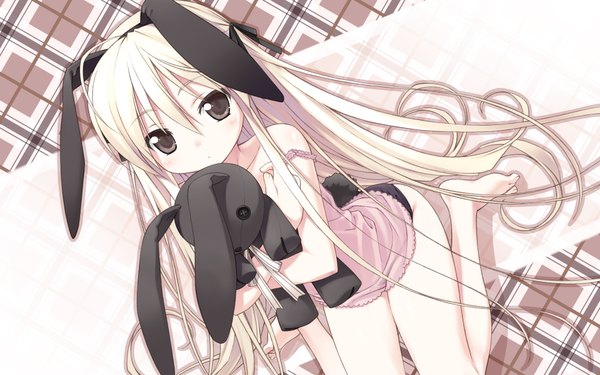 Anime picture 1920x1200 with yosuga no sora kasugano sora single long hair blush highres blonde hair wide image very long hair black eyes loli bunny ears looking up girl underwear panties black panties headband toy child (children)