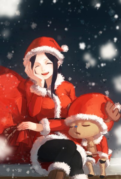 Anime picture 1181x1748 with one piece toei animation nico robin tony tony chopper totsukitouka long hair tall image open mouth black hair smile sitting eyes closed night fur trim snowing christmas winter snow girl hat