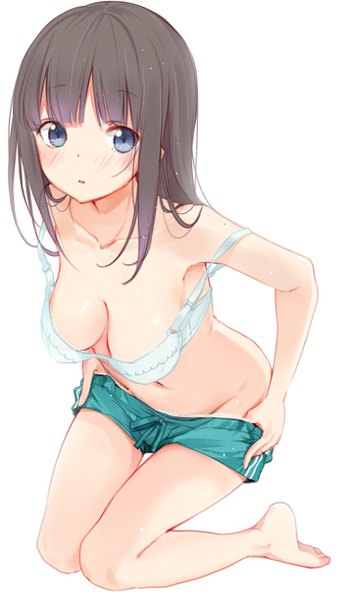 Anime picture 700x1222 with original maigoyaki single long hair tall image looking at viewer blush fringe blue eyes light erotic black hair simple background white background bare shoulders bent knee (knees) barefoot bare legs bare belly leaning leaning forward