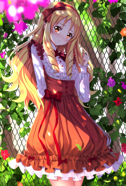 Anime picture 967x1427 with eromanga sensei a-1 pictures yamada elf swordsouls single long hair tall image looking at viewer blush blonde hair red eyes standing outdoors head tilt pointy ears sunlight shadow lens flare drill hair elf