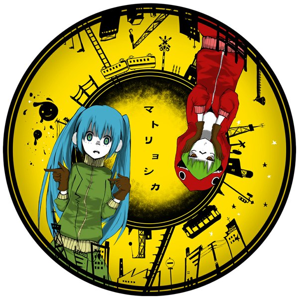 Anime picture 1024x1024 with vocaloid matryoshka (vocaloid) hatsune miku gumi kyoko6921 long hair short hair white background twintails multiple girls aqua eyes green hair aqua hair pale skin casual girl gloves 2 girls hood