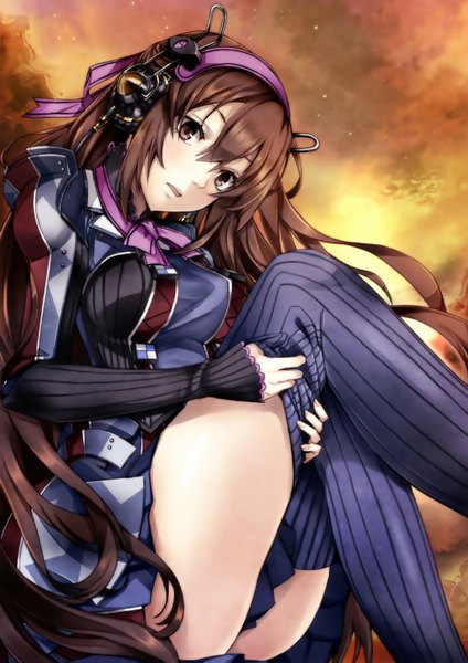 Anime picture 2100x2970 with valkyria chronicles loretta rembrandt pokimari single long hair tall image looking at viewer highres open mouth light erotic brown hair sitting brown eyes pleated skirt girl thighhighs skirt bow ribbon (ribbons) hair ribbon