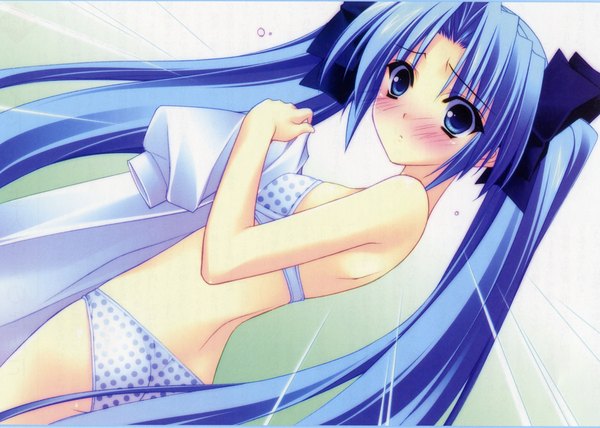 Anime picture 2100x1500 with r.g.b! shiki ai suzuhira hiro blush highres light erotic twintails undressing underwear panties