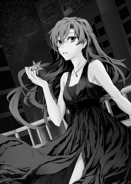 Anime picture 1500x2104 with idolmaster kisaragi chihaya kasuga (subaru5017) single long hair tall image looking at viewer fringe black hair bare shoulders parted lips dutch angle city monochrome cityscape girl dress black dress pendant star (stars)