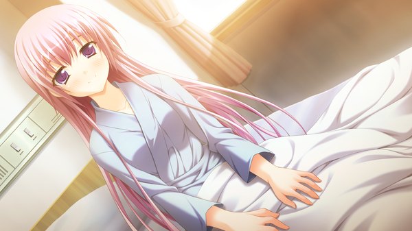 Anime picture 2560x1440 with yaneura no kanojo dp minase (artist) long hair looking at viewer blush highres smile wide image purple eyes pink hair game cg girl