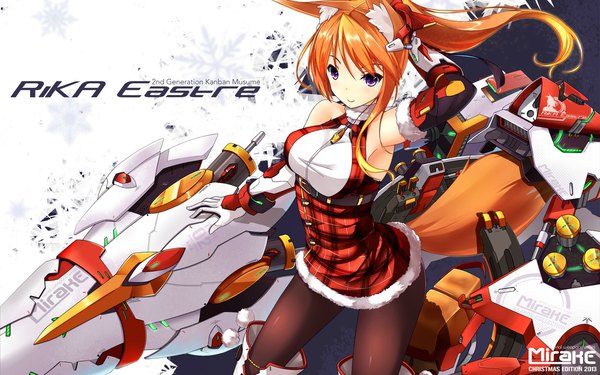 Anime picture 1920x1200 with original rika eastre fatkewell single looking at viewer fringe highres breasts light erotic hair between eyes purple eyes animal ears cleavage tail animal tail light smile orange hair armpit (armpits) fur trim character names