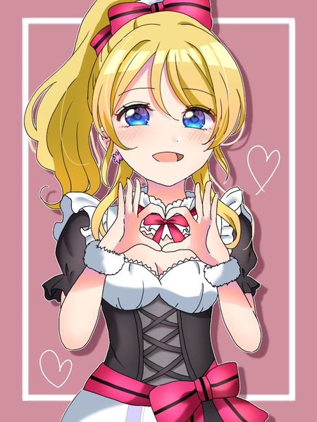 Anime picture 768x1024 with love live! school idol project sunrise (studio) love live! ayase eli kyaku tatsu single long hair tall image looking at viewer blush fringe breasts open mouth blue eyes simple background blonde hair smile hair between eyes upper body ponytail