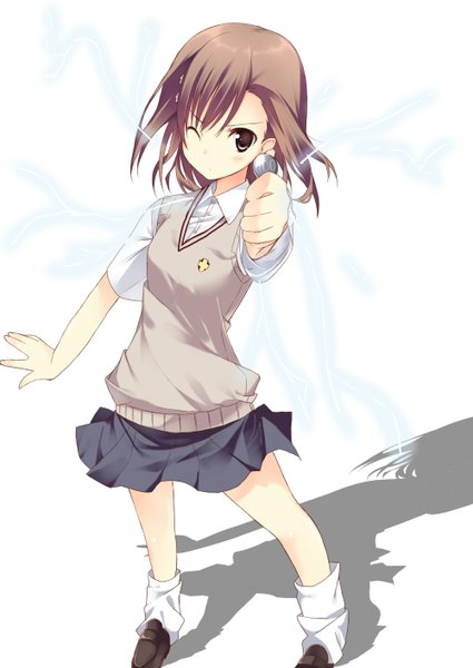 Anime picture 1000x1412 with to aru kagaku no railgun to aru majutsu no index j.c. staff misaka mikoto kuwashima rein single tall image short hair brown hair brown eyes one eye closed wink shadow biribiri girl skirt uniform school uniform miniskirt socks