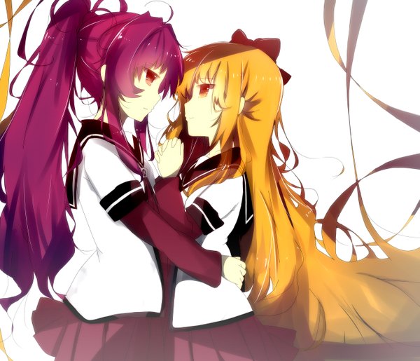 Anime picture 2777x2384 with yuru yuri doga kobo toshinou kyouko sugiura ayano senya fuurin long hair highres blonde hair red eyes multiple girls purple hair ponytail hug shoujo ai face to face girl uniform 2 girls school uniform