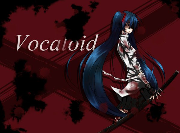 Anime picture 1242x918 with vocaloid hatsune miku kyouya (mukuro238) single long hair twintails blue hair inscription red background girl skirt weapon sword fingerless gloves katana blood bandage (bandages) eyepatch