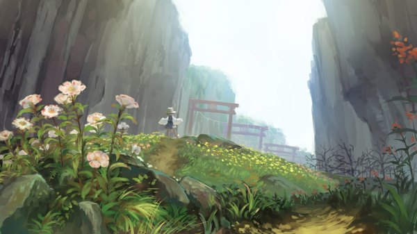 Anime picture 1000x563 with touhou moriya suwako benitama single blonde hair wide image standing from behind mountain landscape girl flower (flowers) plant (plants) hat tree (trees) grass torii