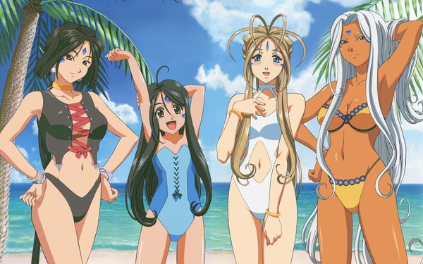 Anime picture 1920x1200 with aa megami-sama anime international company belldandy urd skuld peorth highres wide image swimsuit