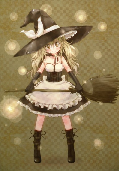 Anime picture 2114x3024 with touhou kirisame marisa tagme (artist) tall image blush highres blonde hair smile yellow eyes witch girl gloves witch hat broom