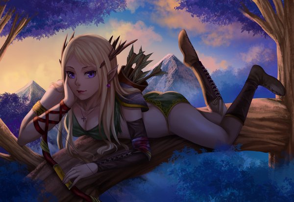 Anime picture 2000x1378 with original gin (pixiv 4745530) single long hair looking at viewer highres light erotic blonde hair sky cloud (clouds) lying light smile lips pointy ears mountain elf on stomach lacing girl hair ornament