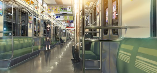 Anime picture 1552x720 with original isai shizuka long hair black hair wide image sitting black eyes girl boy serafuku school bag train