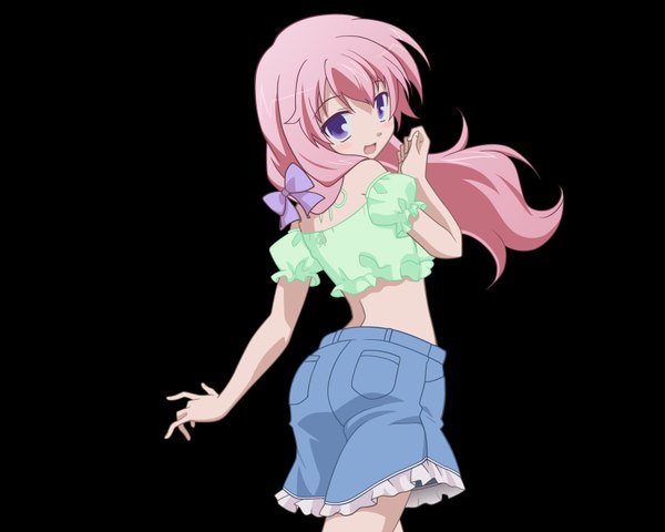Anime picture 1600x1280 with baka to test to shoukanjuu silver link himeji mizuki single long hair blush purple eyes pink hair looking back black background girl bow hair bow