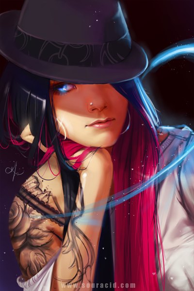Anime picture 666x997 with souracid (artist) long hair tall image blue eyes black hair simple background bare shoulders looking away pink hair multicolored hair realistic two-tone hair tattoo piercing black background close-up colored inner hair girl flower (flowers) hat
