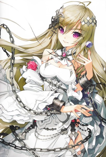 Anime picture 1766x2610 with sanbasou single long hair tall image highres blonde hair smile white background purple eyes ahoge girl dress detached sleeves rose (roses) chain jewelry ring cross wedding dress shackles