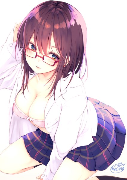 Anime picture 1417x2000 with original chita (ketchup) single long hair tall image looking at viewer blush fringe breasts open mouth light erotic simple background hair between eyes brown hair large breasts white background brown eyes signed cleavage bent knee (knees)