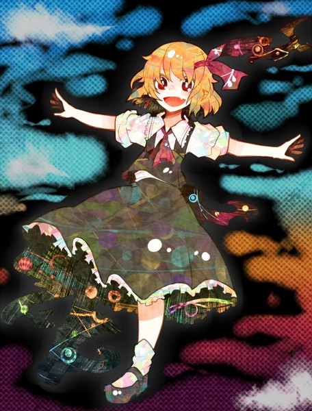 Anime picture 1142x1500 with touhou rumia itomugi-kun single tall image short hair open mouth blonde hair red eyes spread arms girl dress skirt ribbon (ribbons) hair ribbon socks white socks skirt set
