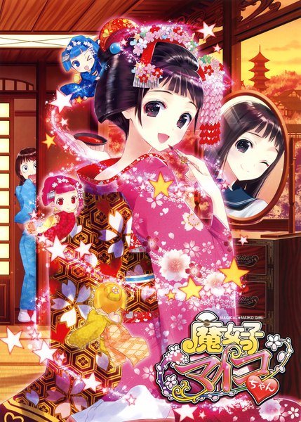 Anime picture 2361x3300 with original eshi 100-nin ten kasukabe akira tall image highres open mouth black hair smile traditional clothes japanese clothes one eye closed looking back wink black eyes scan inscription peep girl hair ornament kimono