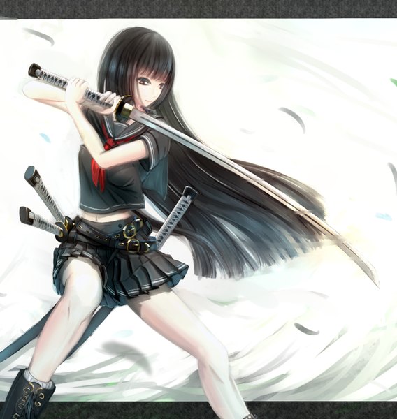 Anime picture 1516x1600 with original kikivi single tall image short hair black hair white background black eyes fighting stance girl skirt weapon sword boots katana