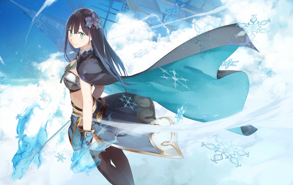 Anime picture 1200x756 with idolmaster idolmaster cinderella girls granblue fantasy shibuya rin panda (pandadesu) single long hair looking at viewer fringe black hair smile standing green eyes sky cloud (clouds) hair flower wind transparent girl thighhighs