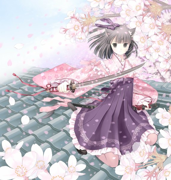 Anime picture 1428x1504 with original kuroinu single tall image short hair black hair animal ears traditional clothes cat ears cat girl cat tail cherry blossoms girl flower (flowers) bow weapon hair bow petals sword katana